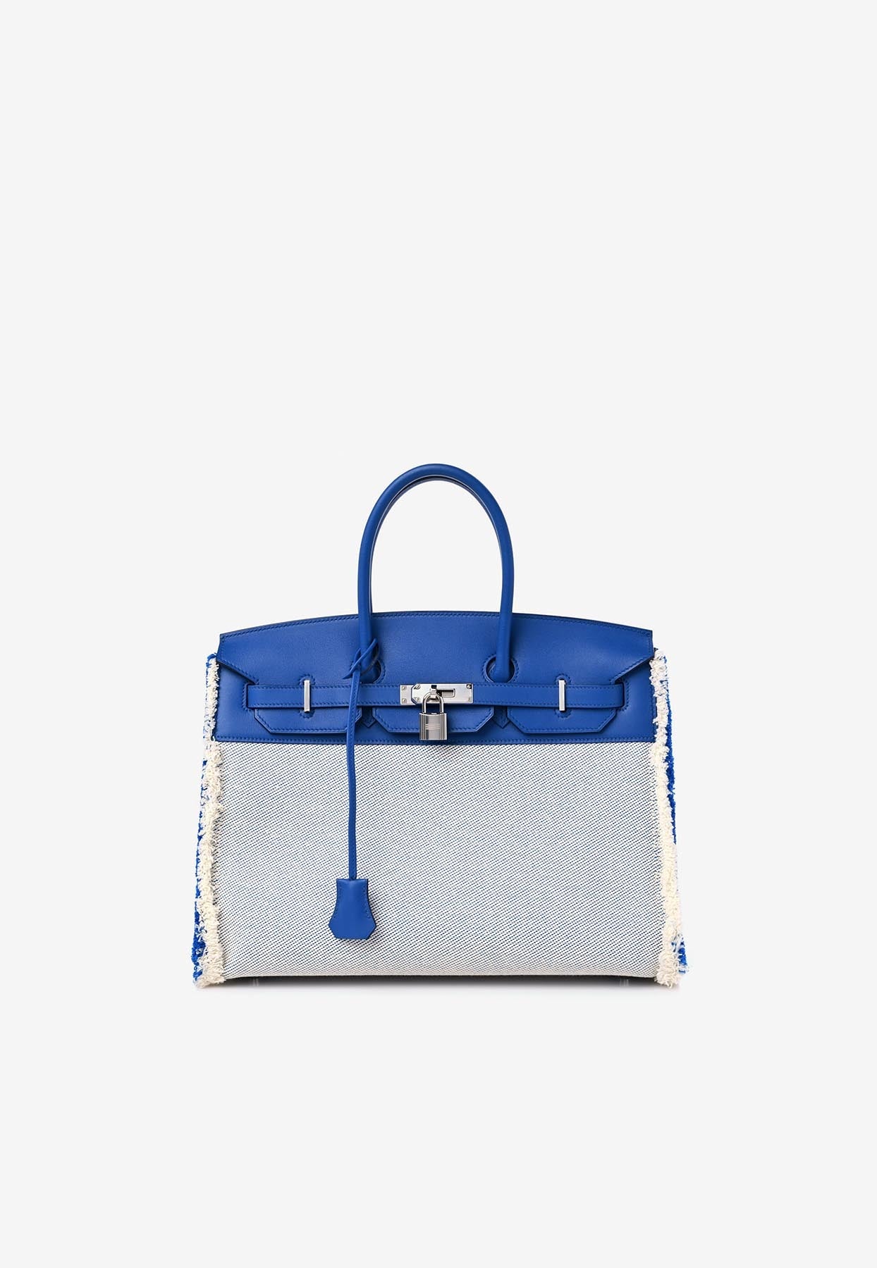 Hermès Birkin Fray 35 In Ecru Toile And Bleu Saphir Swift With Palladium  Hardware in Blue