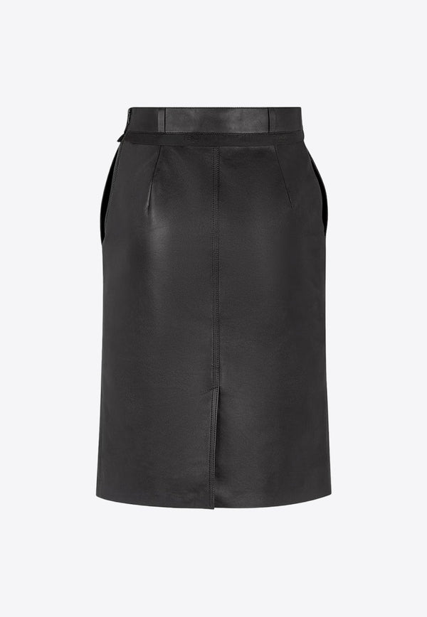 Cut-Out Leather Midi Pencil Skirt