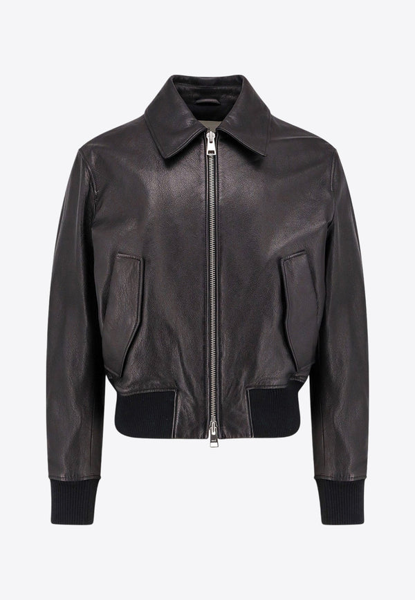 Logo Embossed Zip-Up Leather Jacket