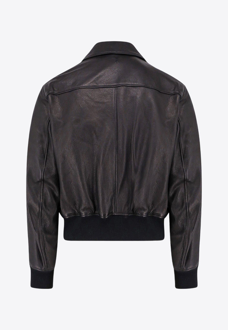 Logo Embossed Zip-Up Leather Jacket