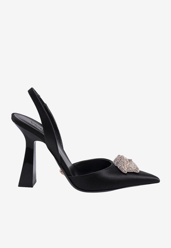 80 Crystal Embellished Medusa Slingback Pumps in Satin