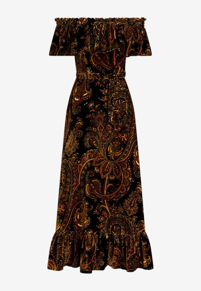 Paisley Off-Shoulder Velvet Maxi Dress