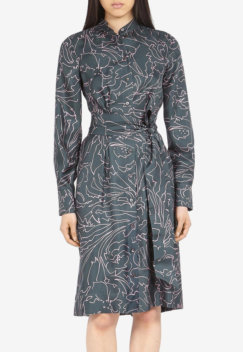 Printed Long-Sleeved Shirt Dress in Silk