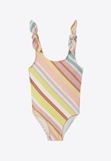 Girls Halliday Bow One-Piece Stripe Swimsuit