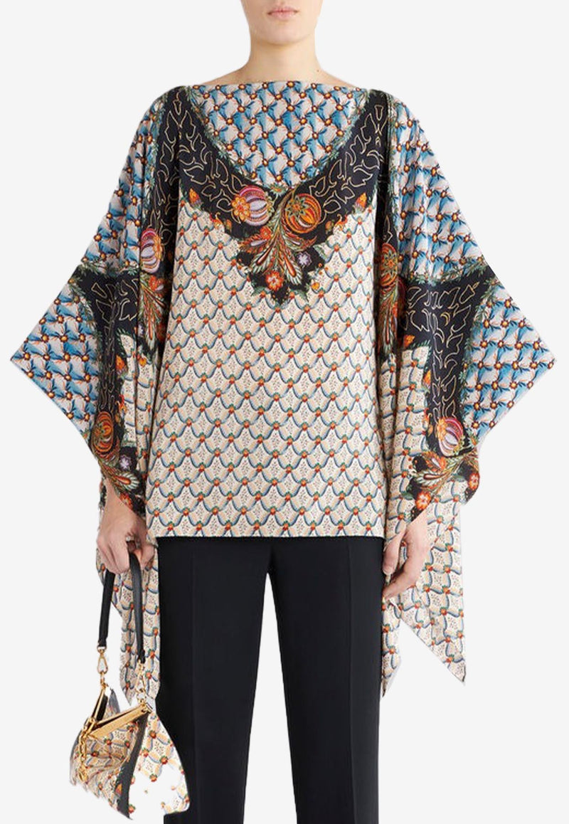 Floral Print Silk Poncho