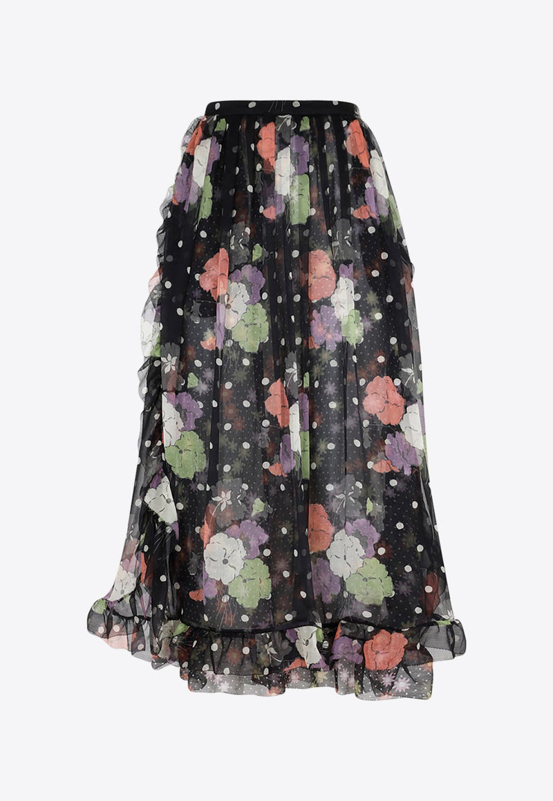 Silk Floral Polka-Dot Midi Skirt