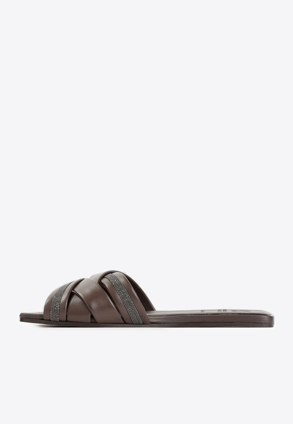 Monili-Embellished Leather Flat Sandals