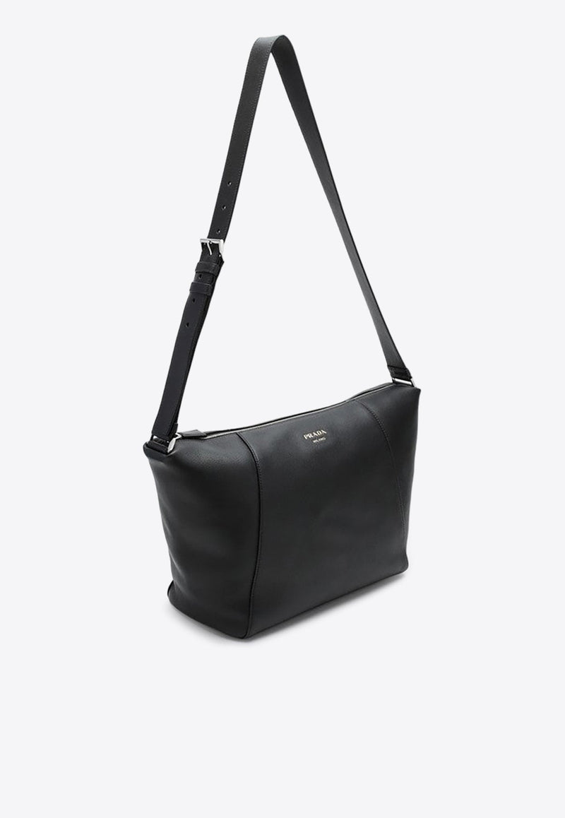 Logo Print Grained Leather Shoulder Bag