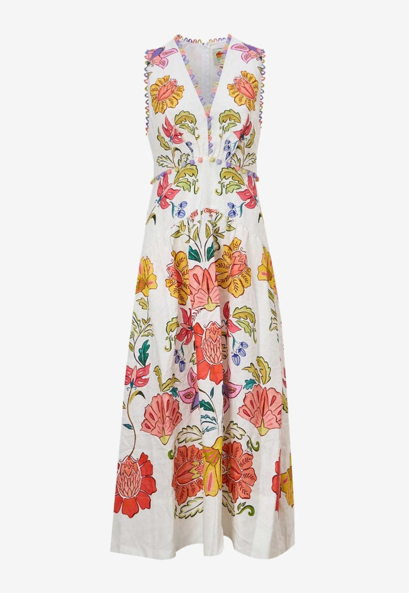 V-neck Floral Insect Print Midi Dress