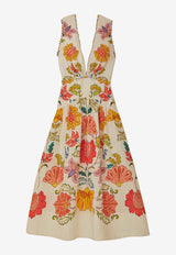 V-neck Floral Insect Print Midi Dress