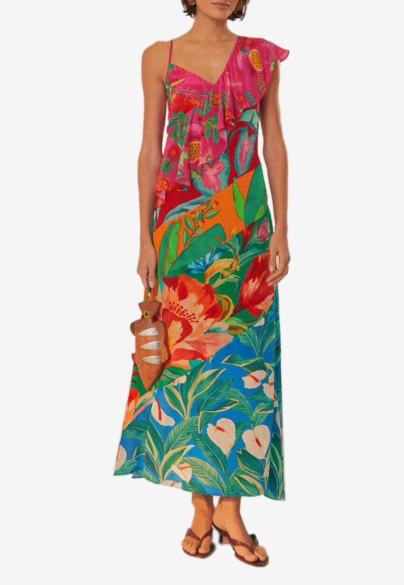 Mixed Flowery One-Shoulder Midi Dress