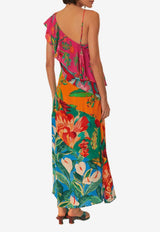 Mixed Flowery One-Shoulder Midi Dress