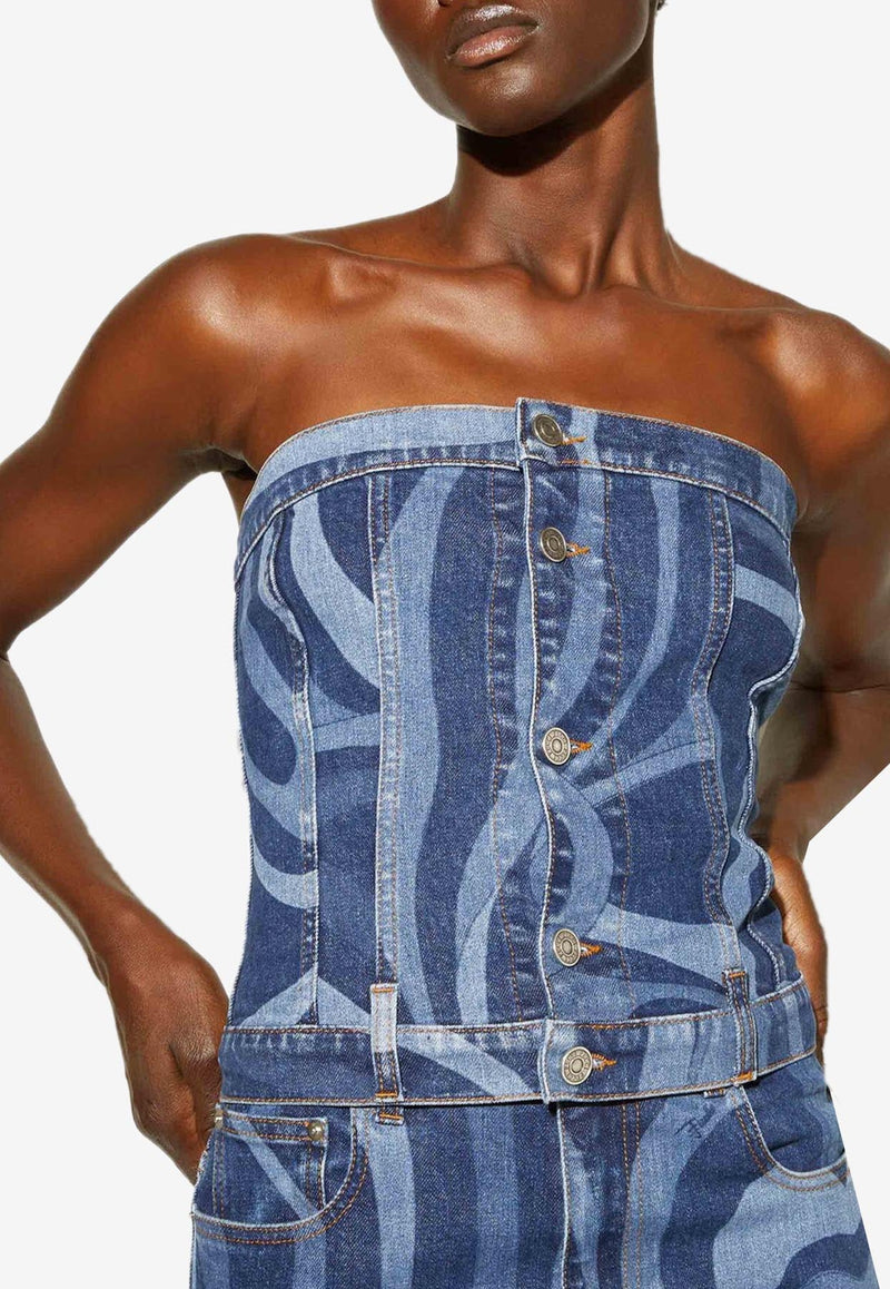 Marmo Print Strapless Denim Top