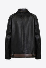 Belted Leather Zip-Up Jacket