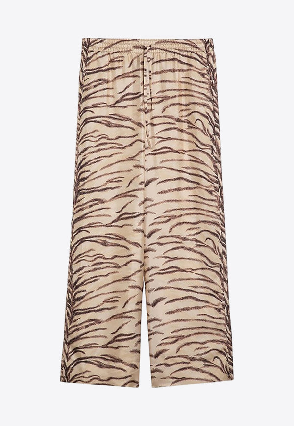 Tiger Print Wide-Leg Silk Pants