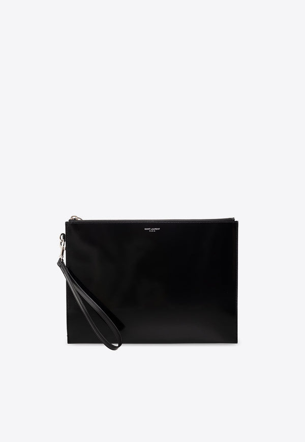 Logo Print Patent Leather Zip Pouch