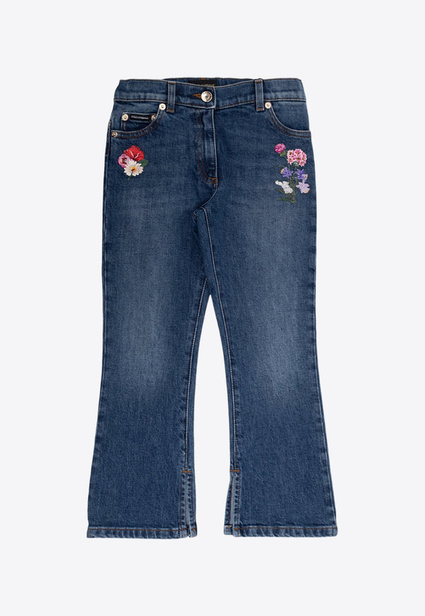 Girls Floral-Embroidery Flared Jeans