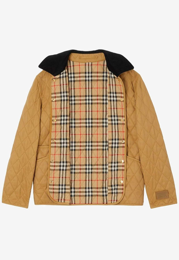 Corduroy-Collar Diamond-Quilted Jacket