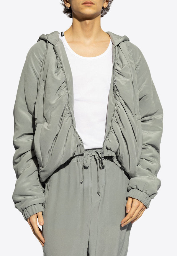 Gathered Silk Zip-Up Hooded Jacket