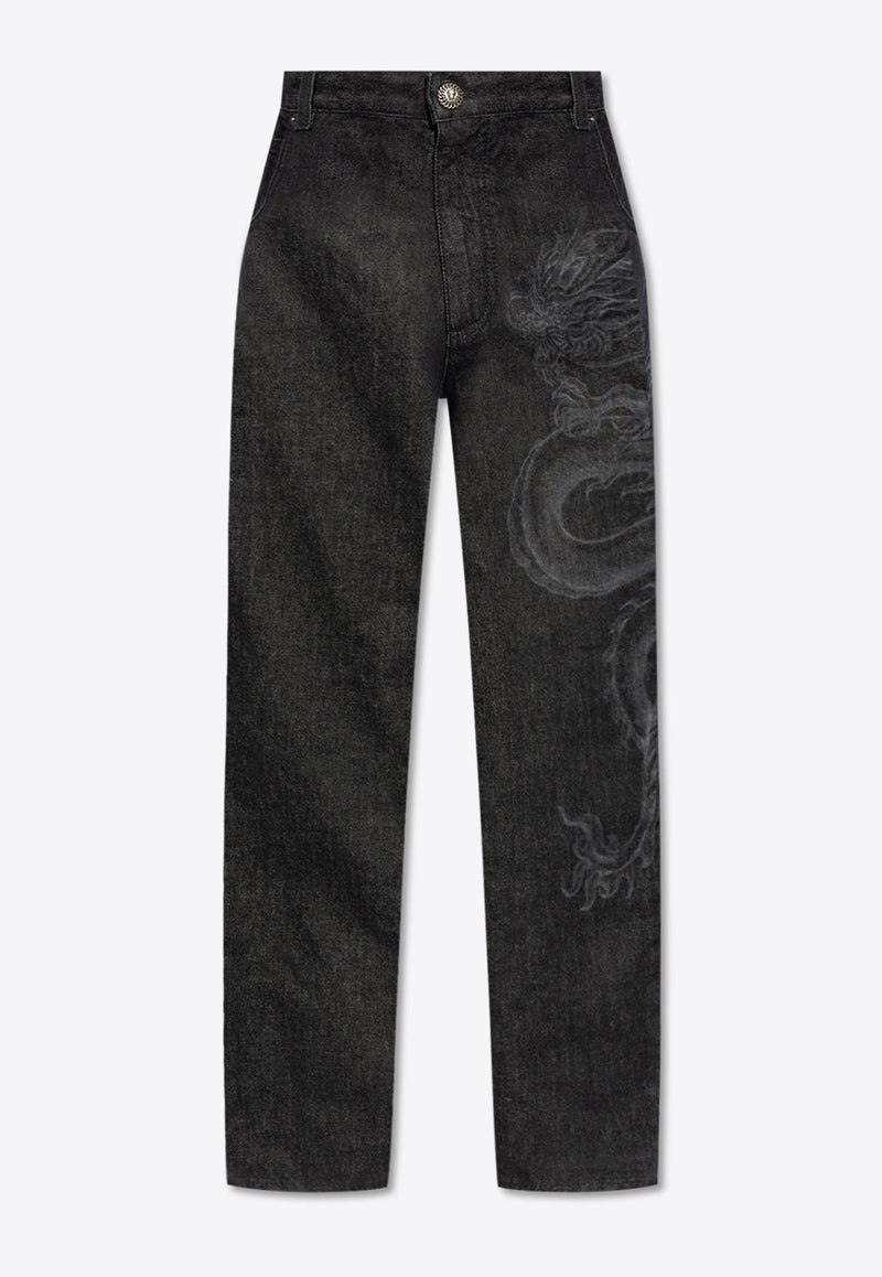 Dragon Print Straight-Leg Jeans