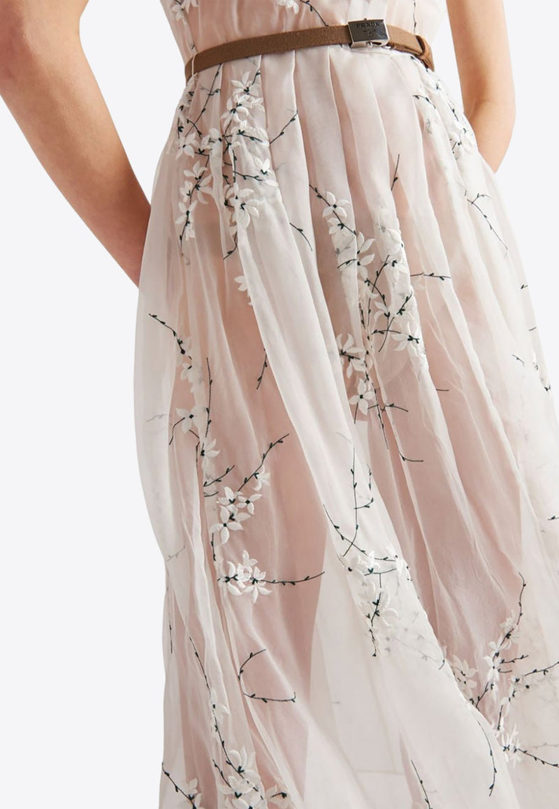 Floral Embroidered Silk Midi Dress