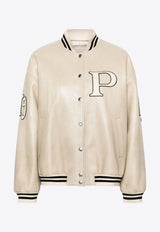 Logo Appliqué Leather Bomber Jacket