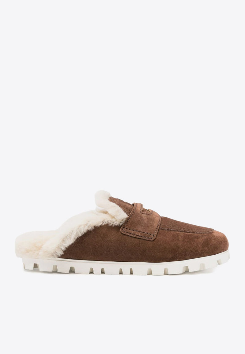 Logo Embossed Suede Shearling Flat Mules