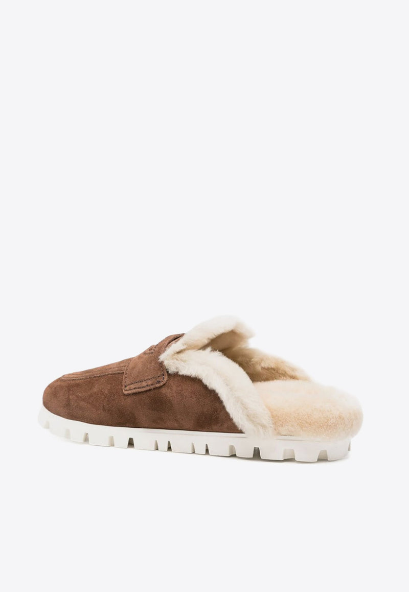 Logo Embossed Suede Shearling Flat Mules