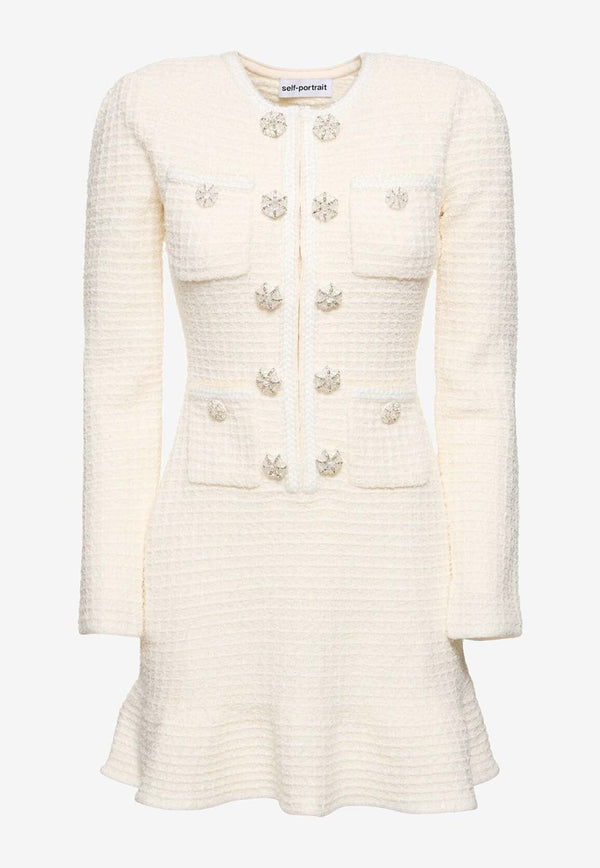 Diamanté Buttons Textured Knit Mini Dress