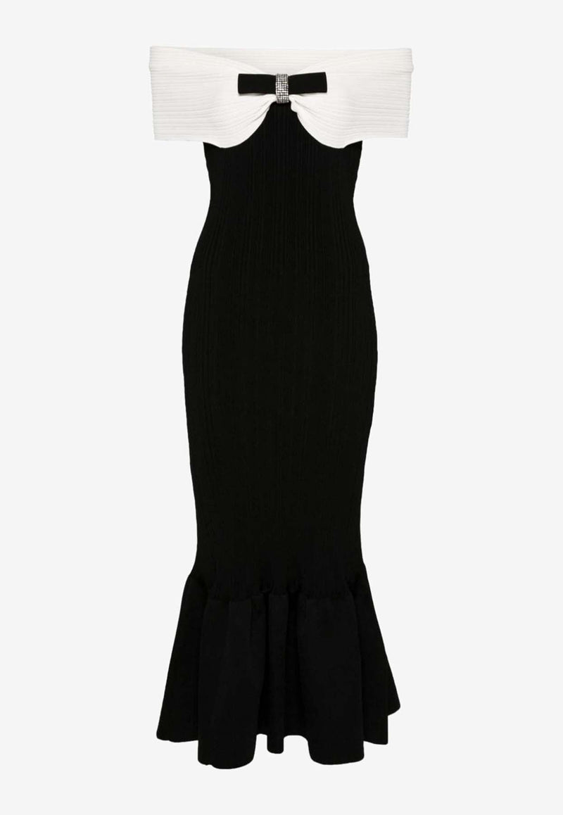 Off-Shoulder Ribbed Knit Midi Dress with Bow Detail