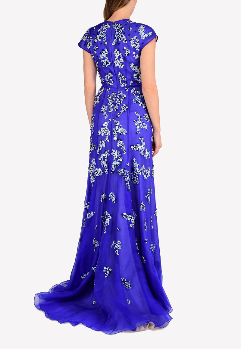 Sequined Silk Gown with Asymmetrical Neckline