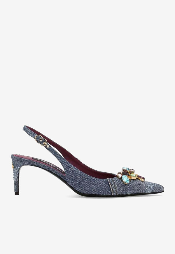 60 Crystal-Embellished Patchwork Denim Pumps