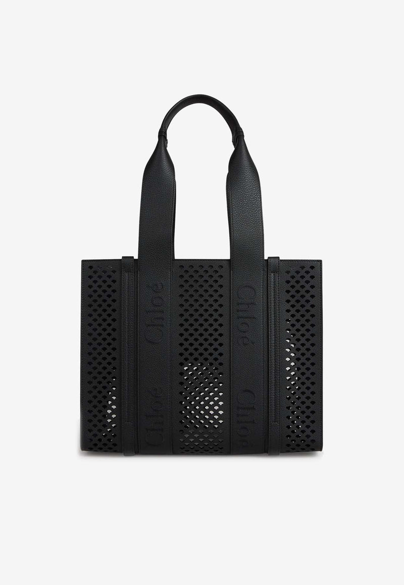 Medium Woody Openwork Tote Bag in Leather