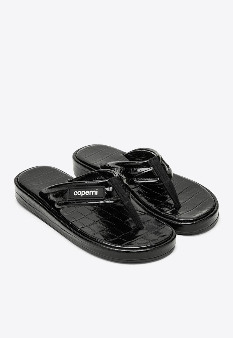 Logo Patch Croc-Embossed Leather Flip-Flops