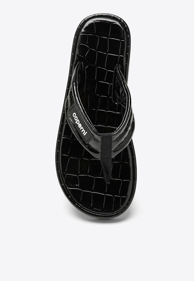 Logo Patch Croc-Embossed Leather Flip-Flops