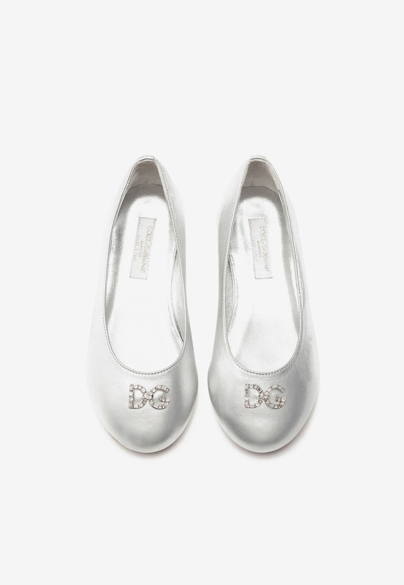 Girls Crystal DG Ballet Flats in Foiled Nappa Leather