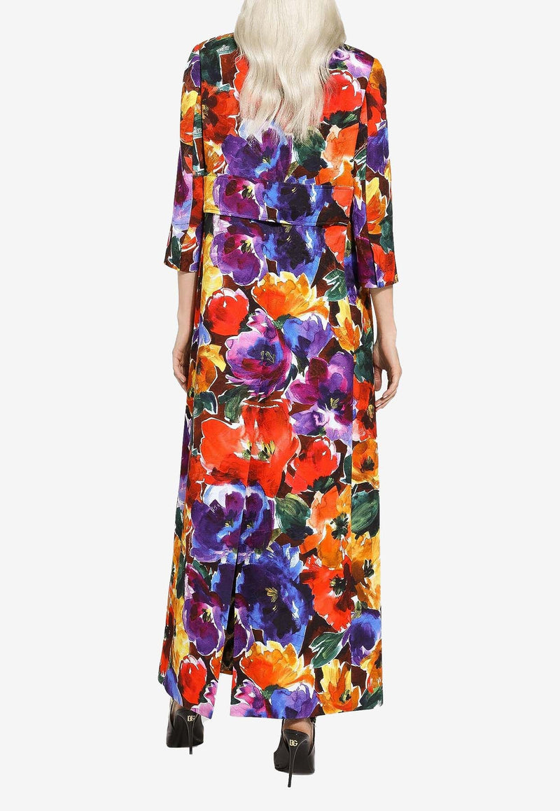 Abstract Flower Print Long Coat