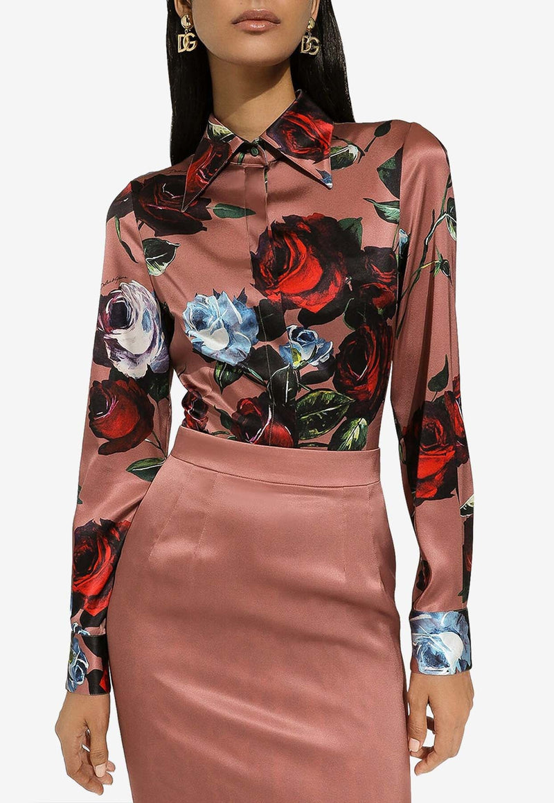 Vintage Rose Print Silk Shirt