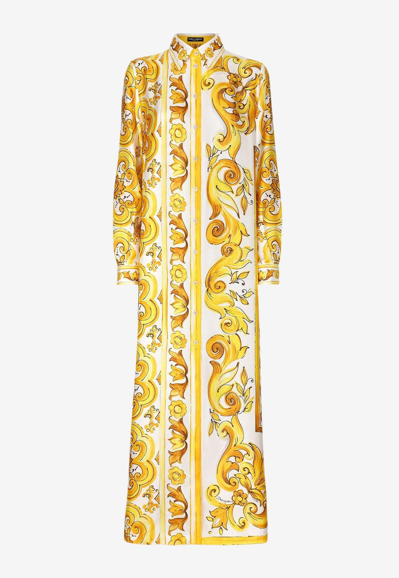 Majolica Print Silk Maxi Shirt Dress