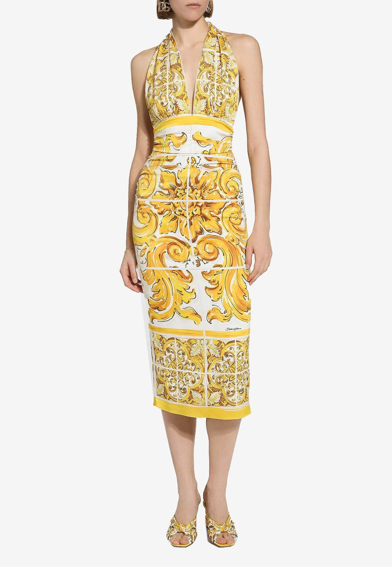 Majolica Print Silk Midi Corset Dress