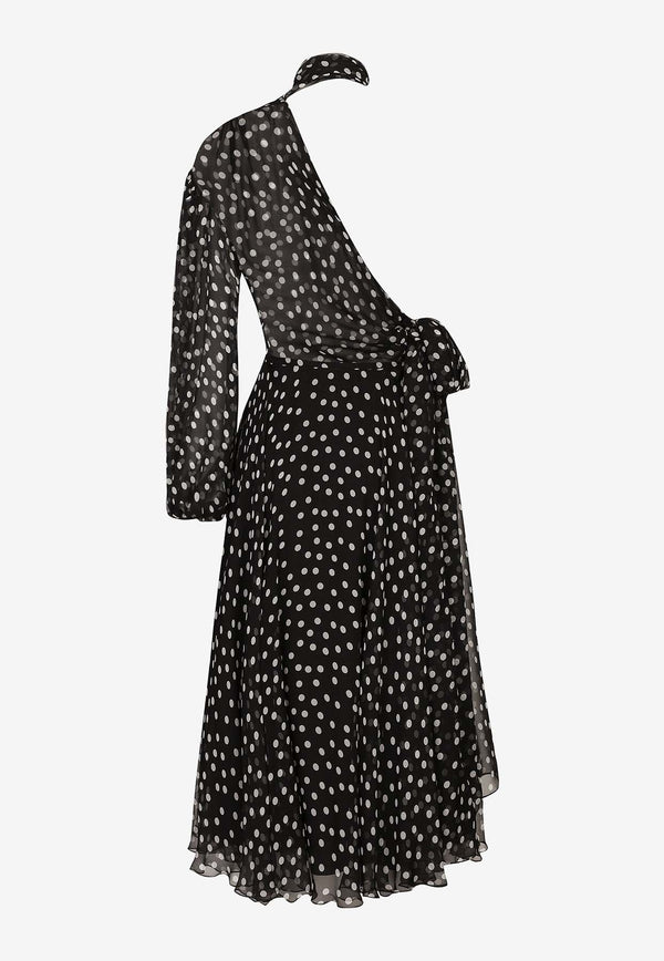 Polka-Dot One-Shoulder Chiffon Dress