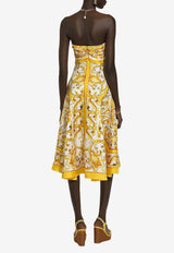 Majolica Print Strapless Silk Midi Dress