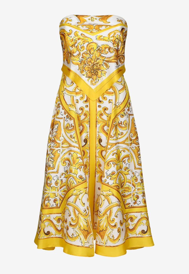 Majolica Print Strapless Silk Midi Dress