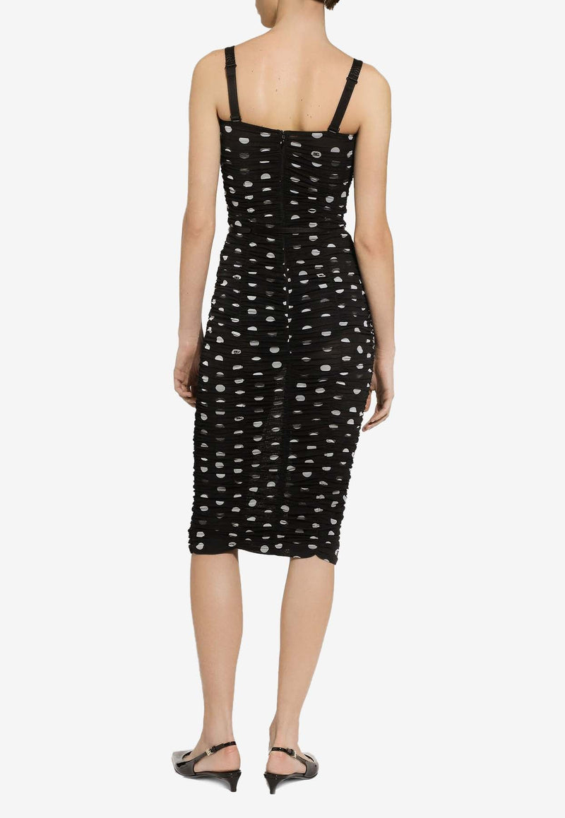 Polka Dot Print Draped Tulle Midi Dress