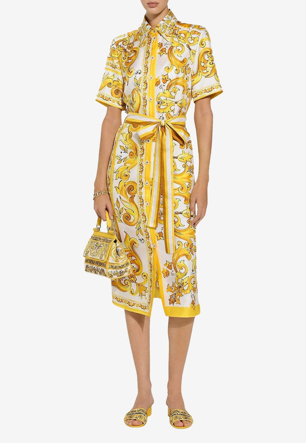 Majolica Print Silk Midi Shirt Dress