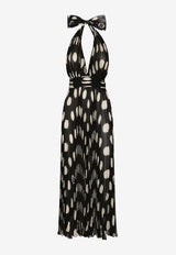 Polka Dot Print Pleated Chiffon Midi Dress