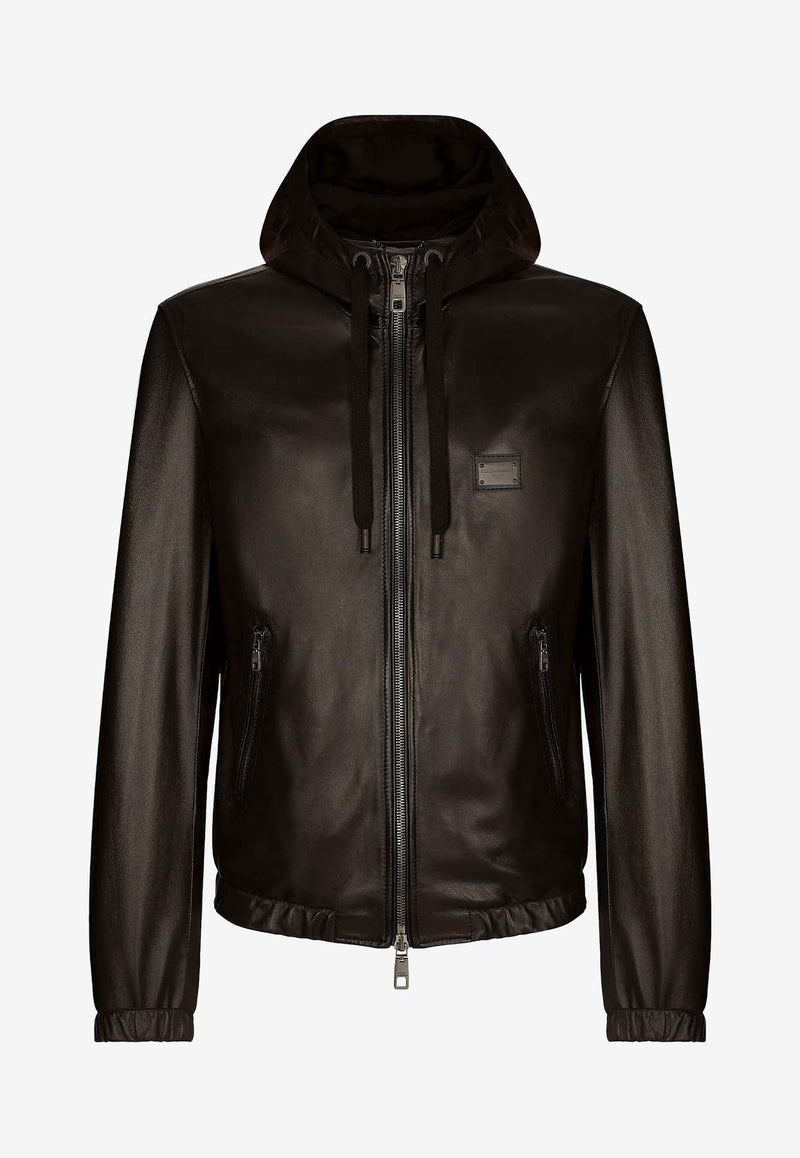 Logo Plaque Hooded Leather Jacket