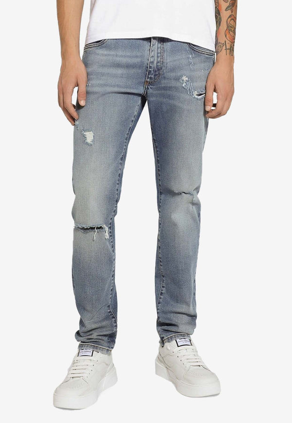 Logo Plaque Distressed Slim Jeans