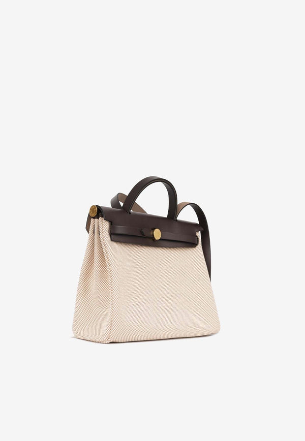Herbag 31 in Beige Quadrille Toile and Ebene Hunter Leather with Gold Hardware