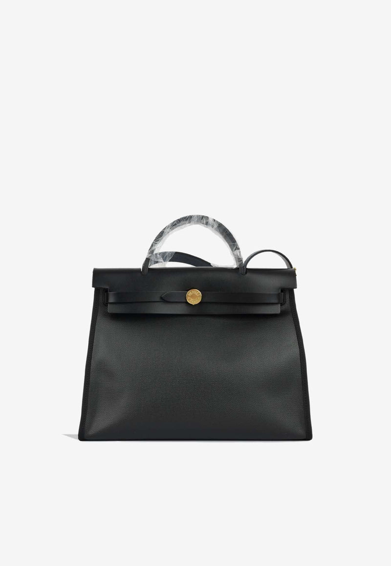 Herbag 31 in Noir Berline Toile and Hunter Leather with Gold Hardware